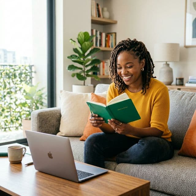 Student looking at a notebook with a laptop open